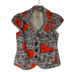 Anthropologie Elevenses Blazer Women's 4 Black White Red Poppy Cotton Button Up